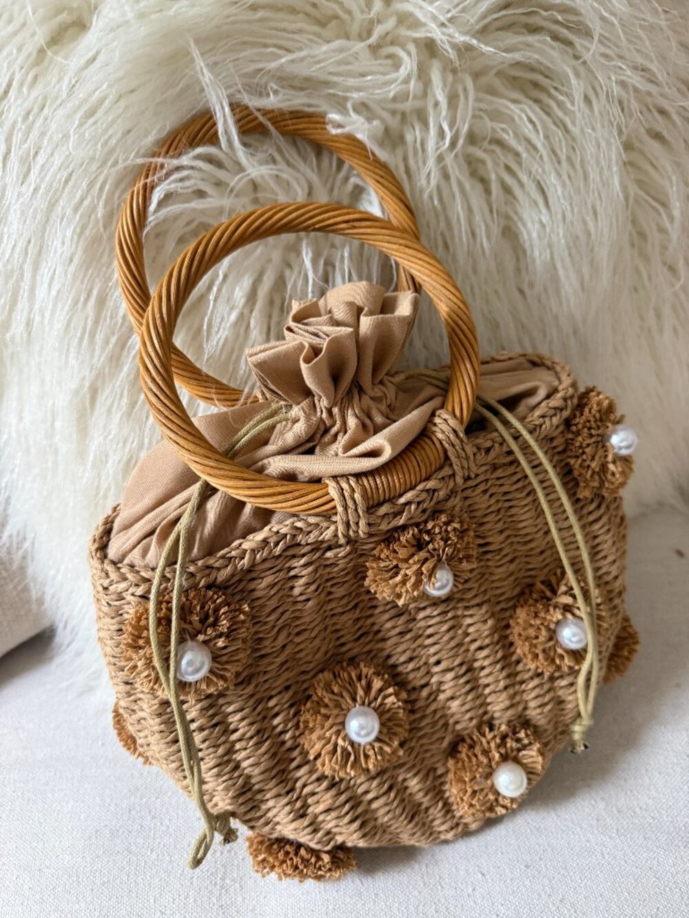 Woven Straw Clutch with Pearl Accents